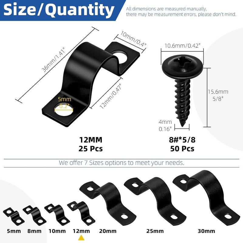 Glarks 75pcs 12mm Pipe Strap Clamp, Black Carbon Steel 2 Hole Strap Heavy Duty Rigid Pipe Strap U Bracket Tube Strap Cable Clamp Hanger Tension Tube Clip with Screw for Pipe Tube Cable Fixing - Image 2